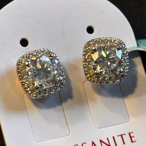 Classic Silver-Tone Clear Moissonite Halo Stud Earrings